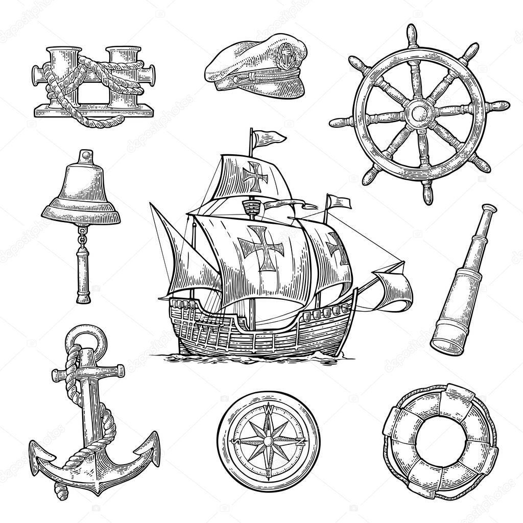 Set sea adventure. Anchor, wheel, caravel, compass rose, bollard, spyglass, bell, lifebuoy, lighthouse isolated on white background. Vector black vintage engraving illustration. For poster yacht club.