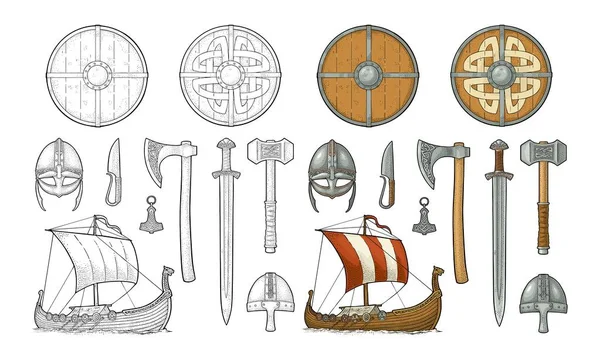 Conjunto Vikingo Cuchillo Drakkar Hacha Casco Espada Martillo Amuleto Thor — Archivo Imágenes Vectoriales