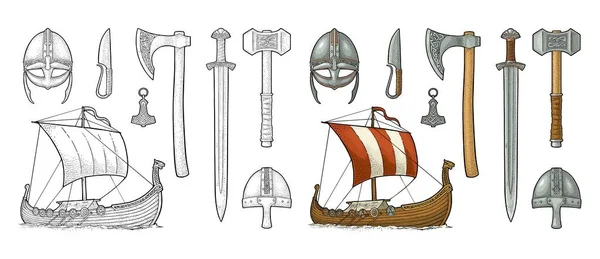 Viking Instellen Mes Drakkar Bijl Helm Zwaard Hamer Thor Amulet — Stockvector