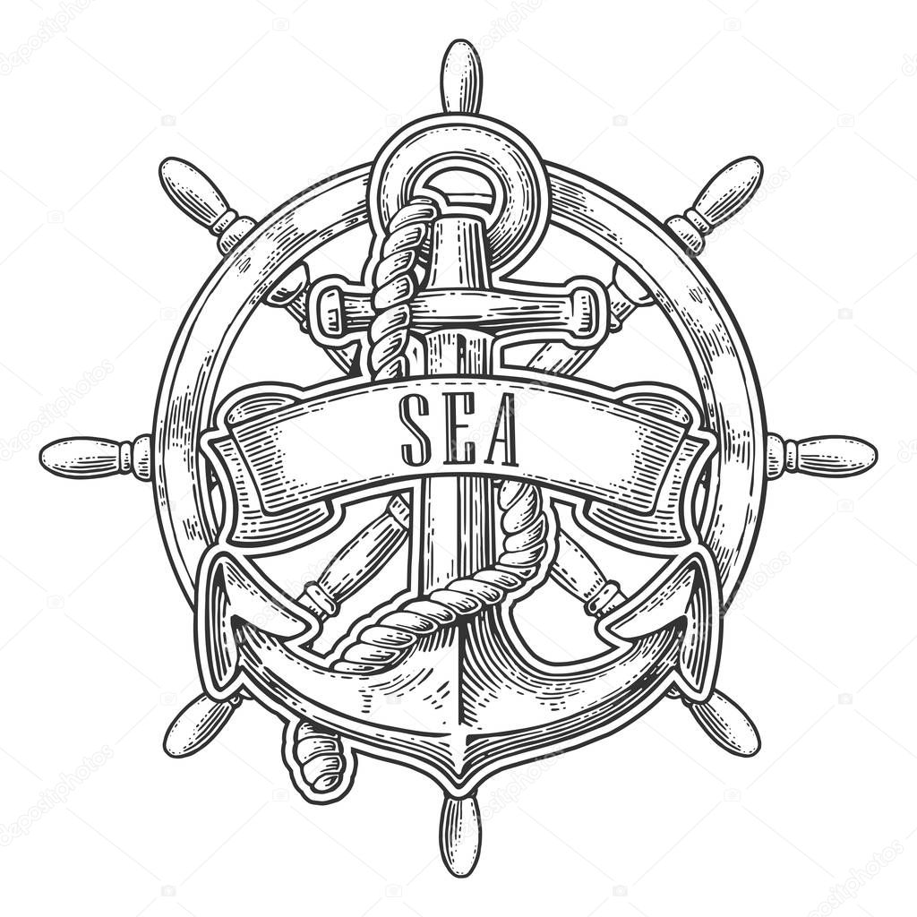 Anchor and wheel with ribbon isolated on white background. Vector vintage engraving illustration with title SEA. Hand drawn in a graphic style.