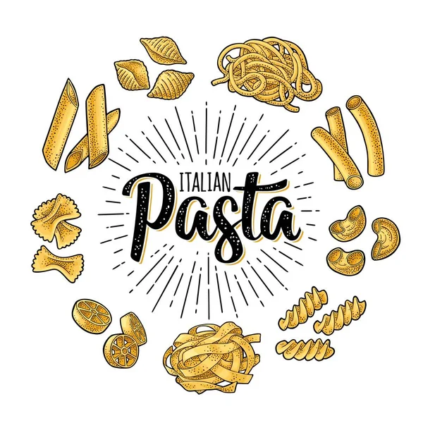 Verschiedene Arten Makkaroni Und Italienische Pasta Kalligraphische Schrift Schriftzug Farfalle — Stockvektor