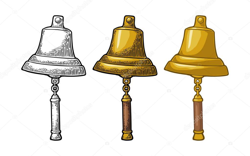 Bell from sailing ship isolated on white background. Vector color and monochrome vintage engraving illustration for tattoo, web and label. Hand drawn in a graphic style.