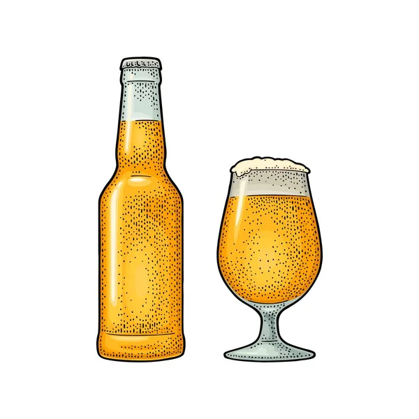 玻璃啤酒和啤酒瓶 雕刻复古矢量彩色插图 在白色背景下被隔离 标签和海报手工绘制设计元素 — 图库矢量图片