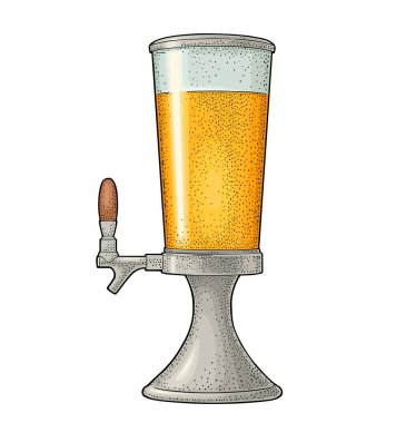 Tap ile bira Kulesi. Vintage vektör renk Gösterim amacıyla web, poster, bira partisine davet oyma. Beyaz arka plan üzerinde izole el çekilmiş tasarım öğesi.