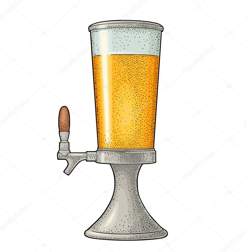 Beer tower with tap. Vintage vector color engraving illustration for web, poster, invitation to beer party. Hand drawn design element isolated on white background.