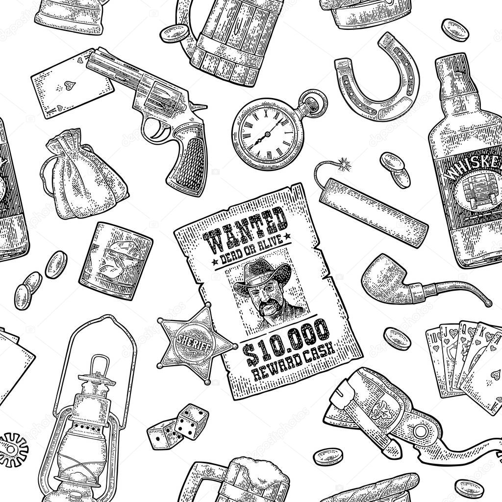 Seamless pattern Wild West and casino. Sheriff star, revolver, dice, horseshoe, wanted poster, whiskey, money bag, coins, bullet, watch, bomb, lamp. Vector vintage black engraving isolated on white