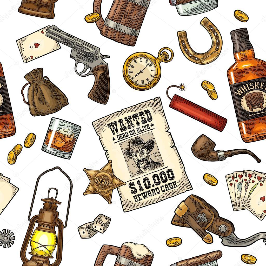 Seamless pattern Wild West and casino. Sheriff star, revolver, dice, horseshoe, wanted poster, whiskey, money bag, coins, bullet, watch, bomb, lamp. Vector vintage color engraving isolated on white