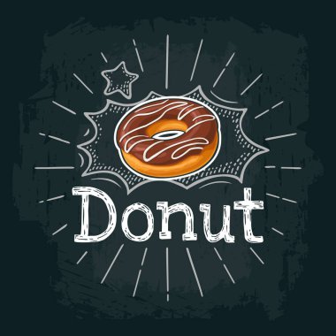 Çörek çikolata sosu ve beyaz çizgili. Vektör renk düz çizim için etiket ve menü pastane dükkanı. Siyah kara tahta oyma ray, yazı, kabarcık vintage beyaz tebeşir ile izole