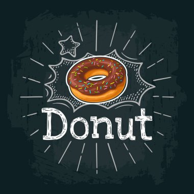 Çörek çikolata sosu ve beyaz çikolata ile. Vektör renk düz çizim için etiket ve menü pastane dükkanı. Siyah kara tahta oyma ray, yazı, kabarcık vintage beyaz tebeşir ile izole