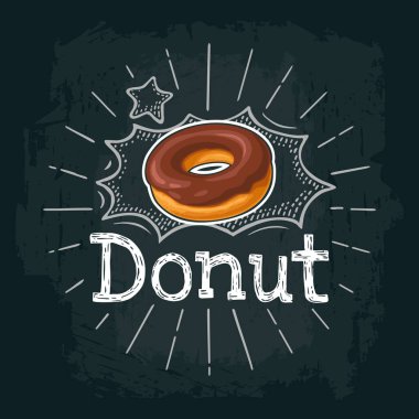 Çörek çikolata sosu ile. Vektör renk düz Gösterim amacıyla poster ve menü pastane dükkanı. Siyah kara tahta oyma ray, yazı, kabarcık vintage beyaz tebeşir ile izole