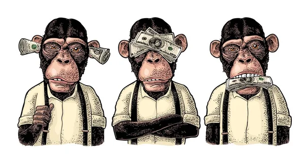 Три Мудрі Мавпи Грошима Вуха Очі Рот Бачите Чуєте Говорите — стоковий вектор