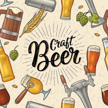 Dikişsiz desen dokunun, sınıf, can, buğday, açacağı, şişe ve hop. Zanaat bira kaligrafi el yazısı yazı. Vintage vektör çizim partiye davet için oyma. Bej doku izole