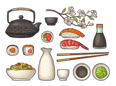 Suşi ayarlayın. Yemek çubukları, wasabi, nigiri, rulo, Masa, soya sosu, Kupası, şişe, kase, Çaydanlık, sakura kiraz dal çiçek ve bud. Beyaz arka plan üzerinde yalıtılmış bağbozumu siyah vektör oyma.