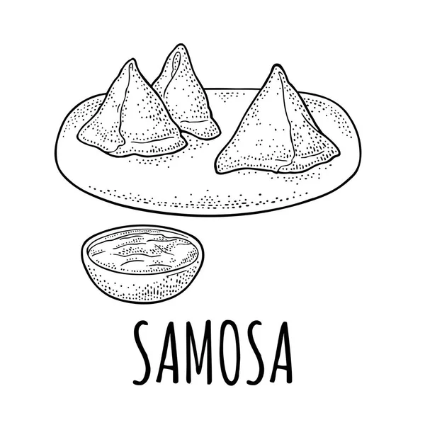 Samosa 在碗里用调味汁放在船上 印度传统食品 矢量黑色复古雕刻插图的菜单 在白色背景上被隔离 — 图库矢量图片