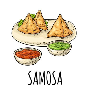 Samosa tabakta soslar kasede. Geleneksel Hint yemekleri. Vector renk vintage oyma illüstrasyonu. Beyaz arka planda izole edilmiş. Menü, poster ve ağ için el çizimi tasarım ögesi