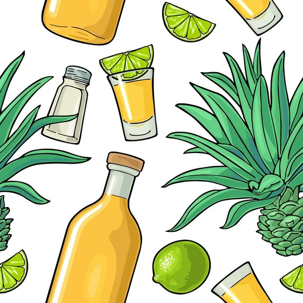 Patrón Sin Costuras Botella Tequila Vidrio Sal Cactus Lima Rodajas — Vector de stock