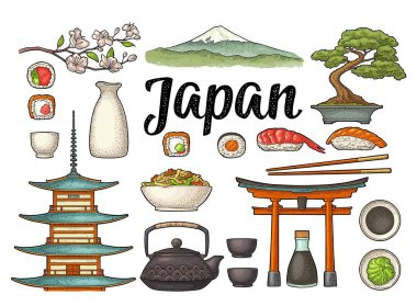 Japonya ayarlayın. Dağ Fuji, pagoda, yakın, bonsai, Suşi, yemek çubukları, wasabi, rulo, soya sosu, Kupası, şişe, kase, Çaydanlık, sakura kiraz dal. Vintage renk vektör izole üzerinde beyaz gravür