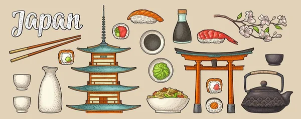 Set Jepang Gunung Fuji Pagoda Torii Sushi Sumpit Wasabi Roll - Stok Vektor