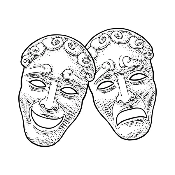 Máscaras Teatro Comédia Tragédia Gravura Vetorial Vintage Ilustração Preta Isolado — Vetor de Stock