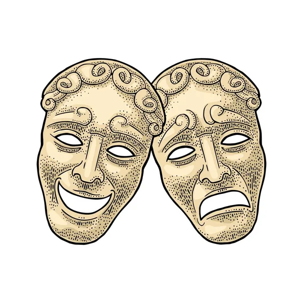 Máscaras Teatro Comédia Tragédia Gravura Vetorial Ilustração Cores Vintage Isolado — Vetor de Stock
