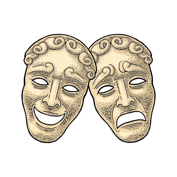 Комедийные и театральные маски. Векторная гравировка винтажного цвета. Изолированный на белом фоне. Ручной рисунок элемента дизайна для постера