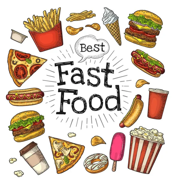 Defina Fast Food Copo Cola Café Batatas Fritas Hambúrguer Pizza —  Vetores de Stock