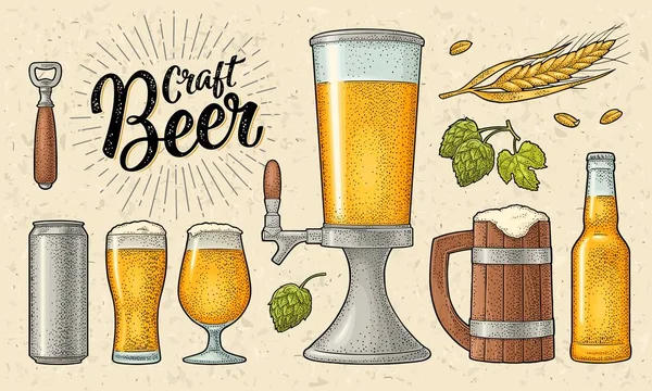 啤酒集杯 在米色斑点背景下分离的老式颜色矢量雕刻插图 — 图库矢量图片