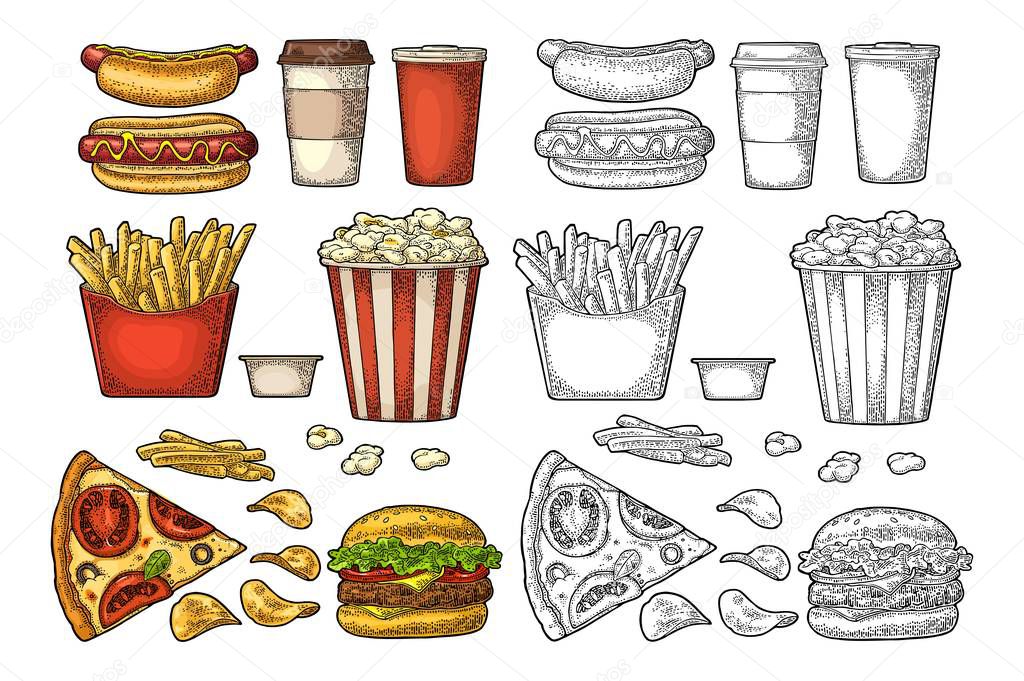 Set fast food. Cup cola, coffee, chips, hamburger, pizza, hotdog, fry potato in paper box, carton bucket popcorn, ketchup. Vector vintage color engraving illustration isolated on white for menu