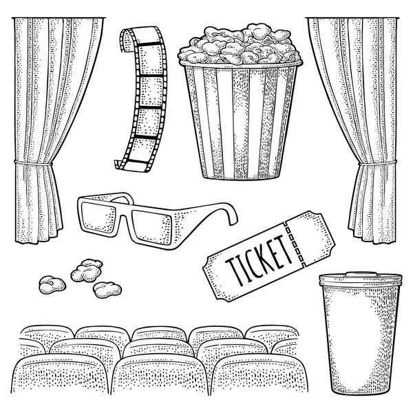 Conjunto de cine. Grabado vectorial ilustración negra vintage . — Archivo Imágenes Vectoriales