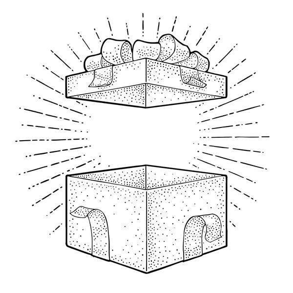 Boîte cadeau ouverte avec ruban, arc et rayon. Gravure vectorielle — Image vectorielle