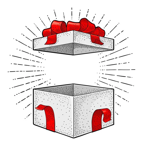 Nyitott díszdobozban, szalaggal, íj és ray. Vektor gravírozás — Stock Vector