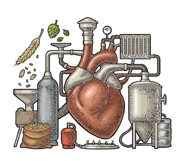 Процесс пивоварения на заводе пива с резервуарами, горелкой, гравировкой сердца — стоковый вектор
