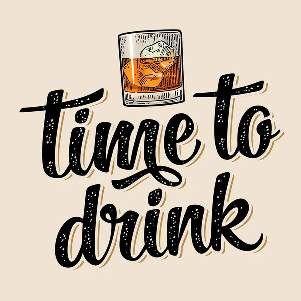 ウイスキーと氷とグラス。レタリングを飲む時間. — ストックベクタ