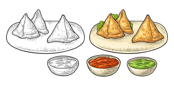 Samosa a bordo com molhos na tigela. Gravura a cores vetorial — Vetor de Stock