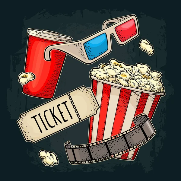 Popcorn, pohár s sláma, Ticket, filmový pás, cinema 3d brýle. — Stockový vektor