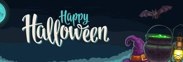Poziome plakat z Happy Halloween kaligrafia napis i grawerowanie — Wektor stockowy