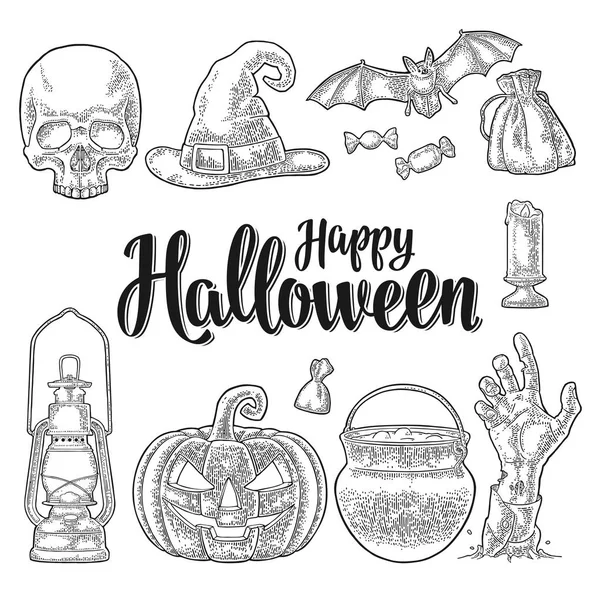 Happy Halloween kaligrafia napis i grawerowanie vintage wektor zestaw — Wektor stockowy