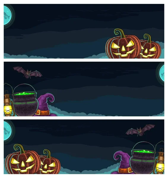 Üç yatay afiş Halloween gece gökyüzü illüstrasyon oyma ile
