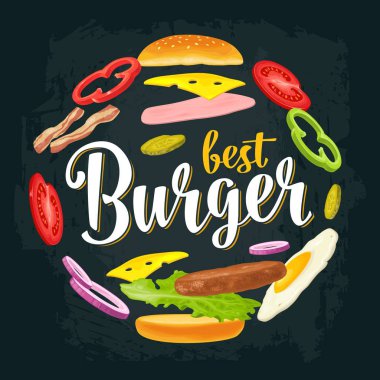 Malzemeler uçan ile ayarlamak daire şekli içeriyor topuz, domates, salata, peynir, jambon, en, soğan, yumurta, gevrek domuz pastırması, salatalık. En iyi Burger el yazısı yazı. Siyah renk düz illüstrasyon vektör