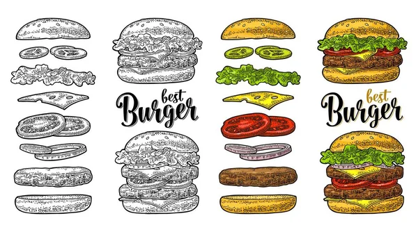 Dupla Klasszikus Burger Repülés Összetevőket Tartalmaz Zsemle Paradicsom Saláta Sajt — Stock Vector