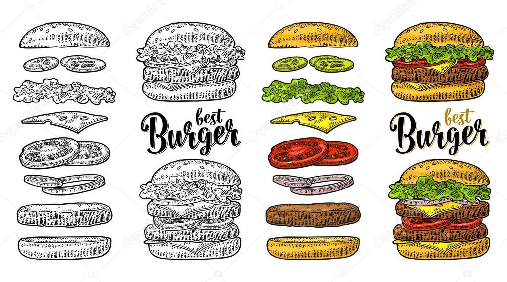 Double and classic burger with flying ingredients include bun, tomato, salad, cheese, onion, cucumber. Best burger lettering. Vector color vintage engraving Illustration isolated on white background