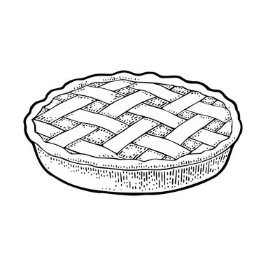 Bütün ev yapımı elmalı turta. Vektör siyah vintage Gösterim amacıyla poster, etiket ve menü ekmek salonu oyma. Beyaz arka plan üzerinde izole. Elle çizilmiş tasarım öğesi