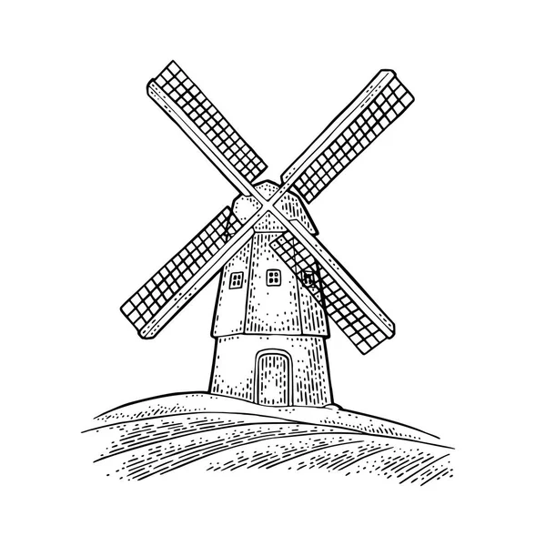 Moulin Vent Sur Champ Blé Illustration Gravure Vectorielle Vintage Noire — Image vectorielle