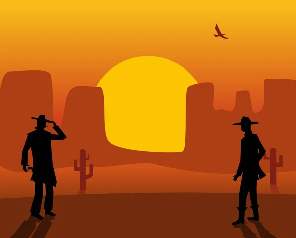 Dos Pistoleros Duelo Puesta Sol Del Desierto Ilustración Vectorial Plana — Archivo Imágenes Vectoriales