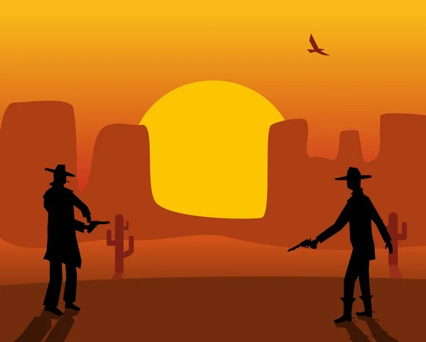 Dwa Pojedynki Rewolwerowców Pustynny Zachód Słońca Kolor Płaski Wektor Ilustracja — Wektor stockowy