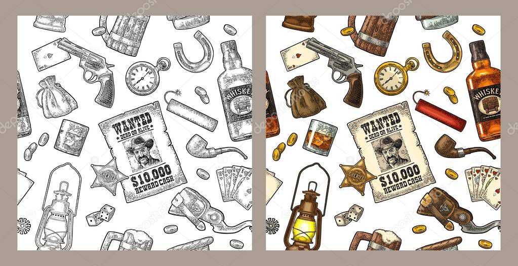 Seamless pattern Wild West and casino. Sheriff star, revolver, dice, horseshoe, wanted poster, whiskey, money bag, coins, bullet, watch, bomb, lamp. Vector vintage color and black engraving on white