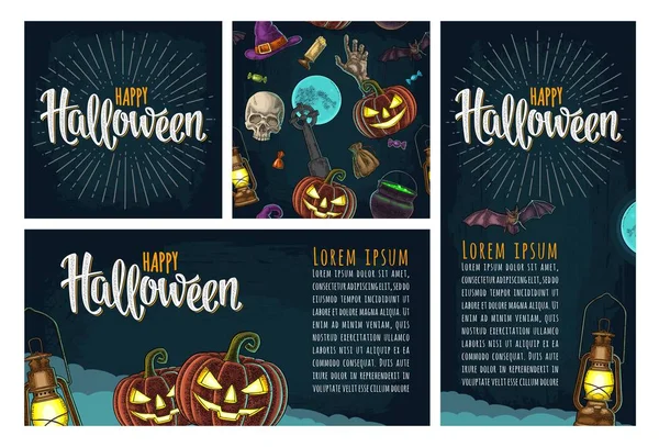 Nahtlose Muster Und Plakate Fröhliche Halloween Handschrift Fledermaus Lampe Mond — Stockvektor