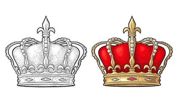 国王的皇冠雕刻古董矢量彩色图像 被白色背景隔离 标签及海报的手绘设计元素 — 图库矢量图片