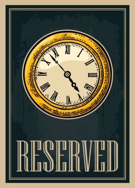 Retro poster. İşareti saati olan vintage tarzı içinde saklıdır. Vektör illüstrasyon izole koyu arka plan üzerine oyma. İçin bar, restaurans, restorantlar, pub
