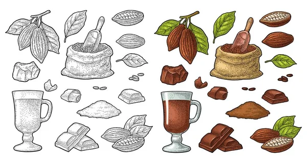 Pedazo Chocolate Barra Afeitado Frutas Cacao Con Hojas Frijoles Vector — Vector de stock